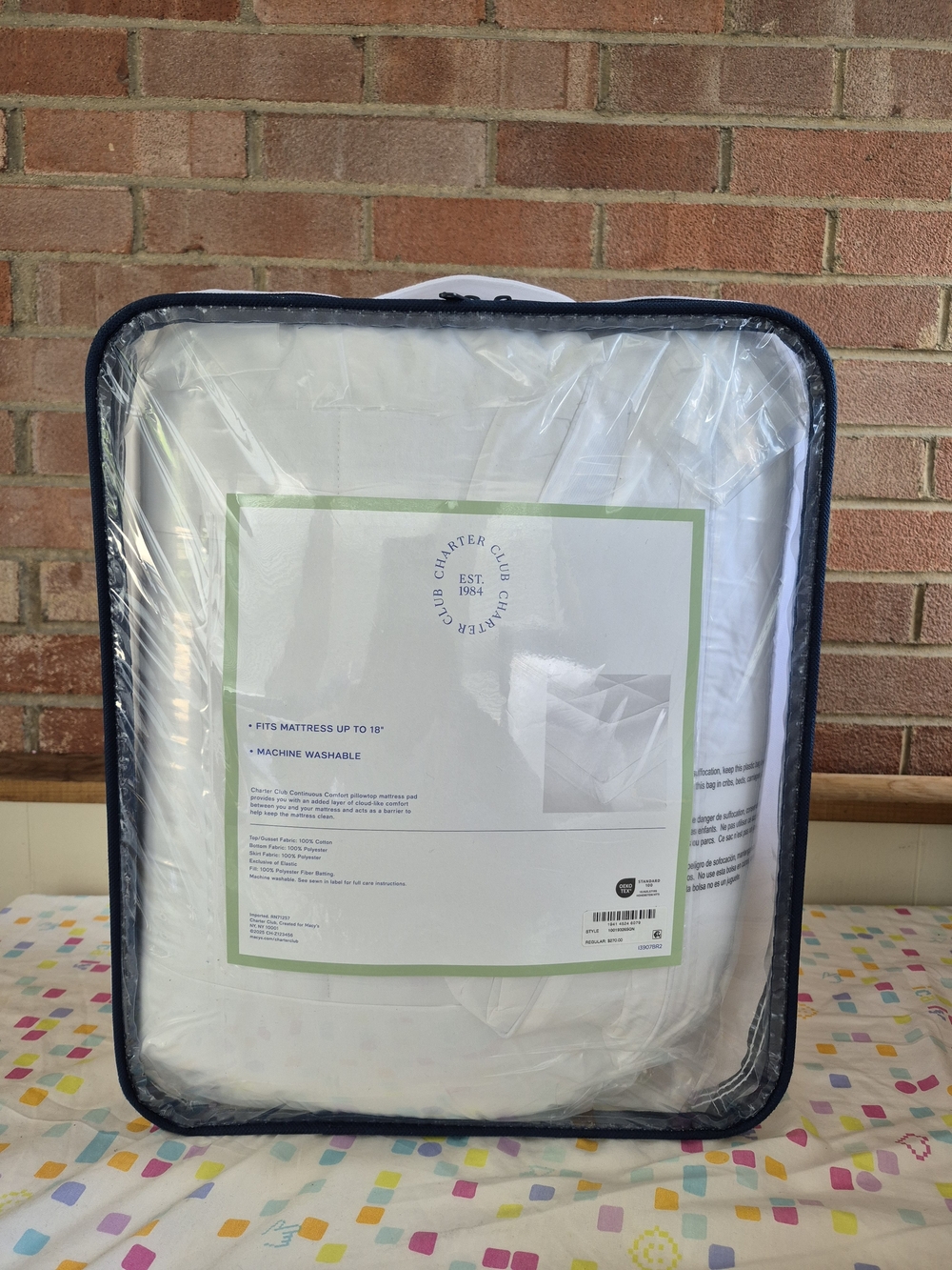 Charter Club White Mattress Protector with Navy Trim